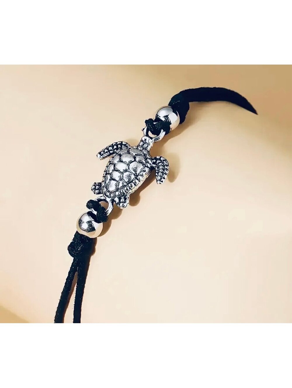 New - Vintage - Silver Turtle - Braided Adjustable Anklet - Black